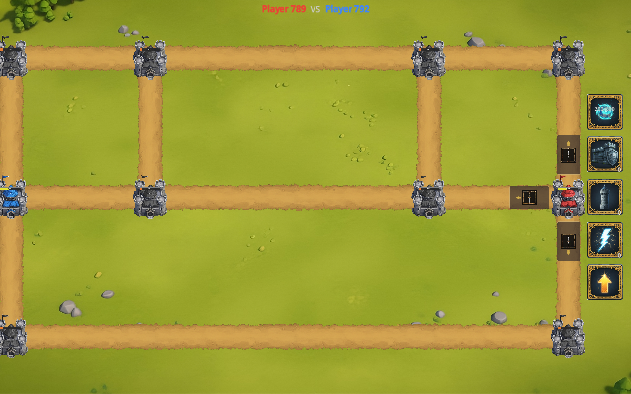Une partie de Battle of Castles en cours : châteaux reliés par des routes, attaques et défenses