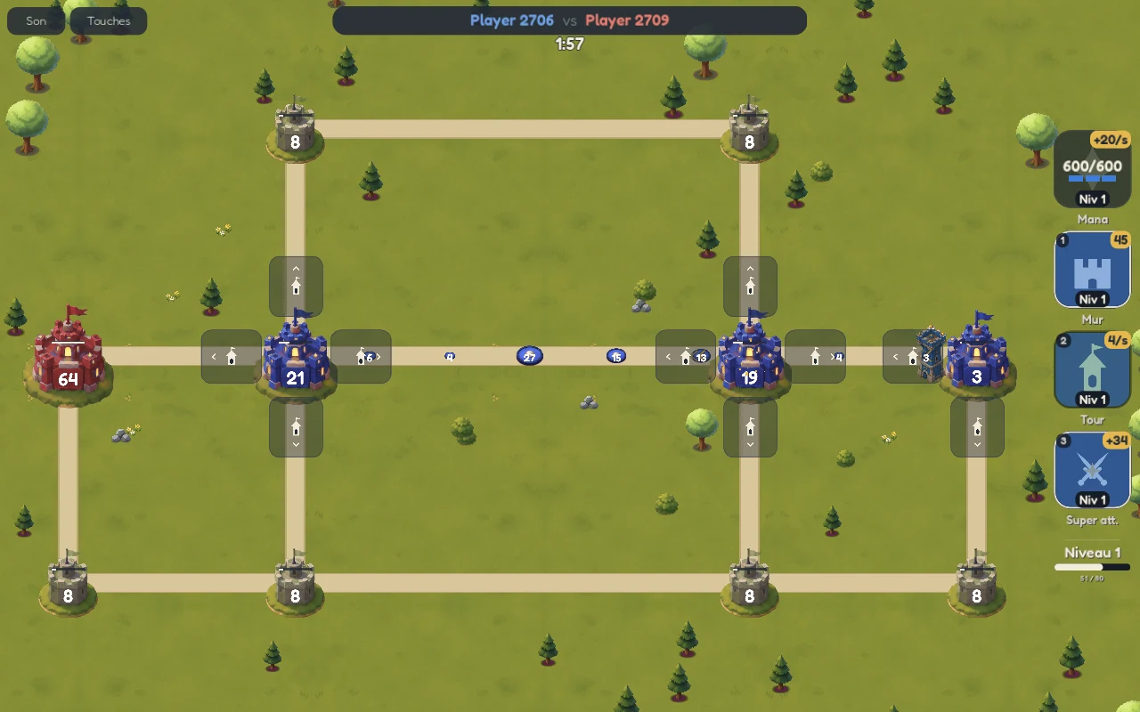 Une partie de Battle of Castles en cours : châteaux reliés par des routes, garnisons et défenses